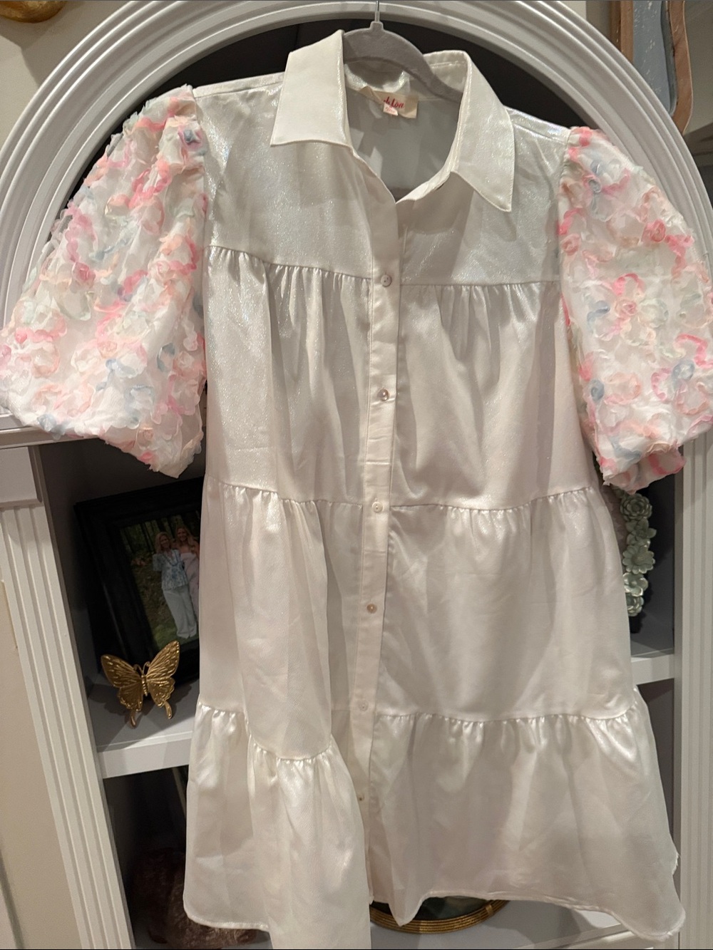 Peach Love California White Mini Dress with Pink & Light Blue Puff Sleeves